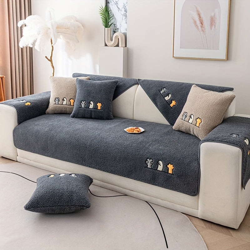 1pc Plush Thick Shearling Sofa Cover with Cute Animal & Bone Embroidery - Pet-Friendly, Non-Slip Couch Protector for All Sofa Sizes from Single to Four-Seater - Soft, Warm Decor for Living Room, Bedroom, Office, Sofa Covers f