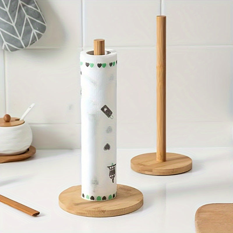 1pc Bamboo Paper Towel Holder Kitchen Restaurant Vertical Paper Roll Storage Rack Plastic Wrap Holder Lazy Rag Holder, Kitchen Roll Dispenser, Vertical Paper Towel Roll Holder, Countertop Freestanding Paper Towel Storage Rack