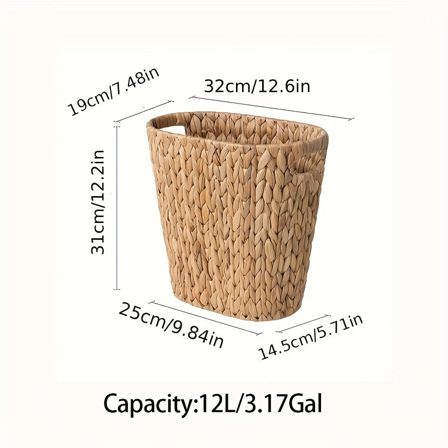 1pc 12L Wicker Waste Basket, Wicker Woven Trash Can With Built-in Handles, Handwoven Water Hyacinth Paper Basket, Wicker Garbage Can For Bedroom Bathroom, Home Organization And Storage Supplies, Cleaning Supplies, Home Decor,