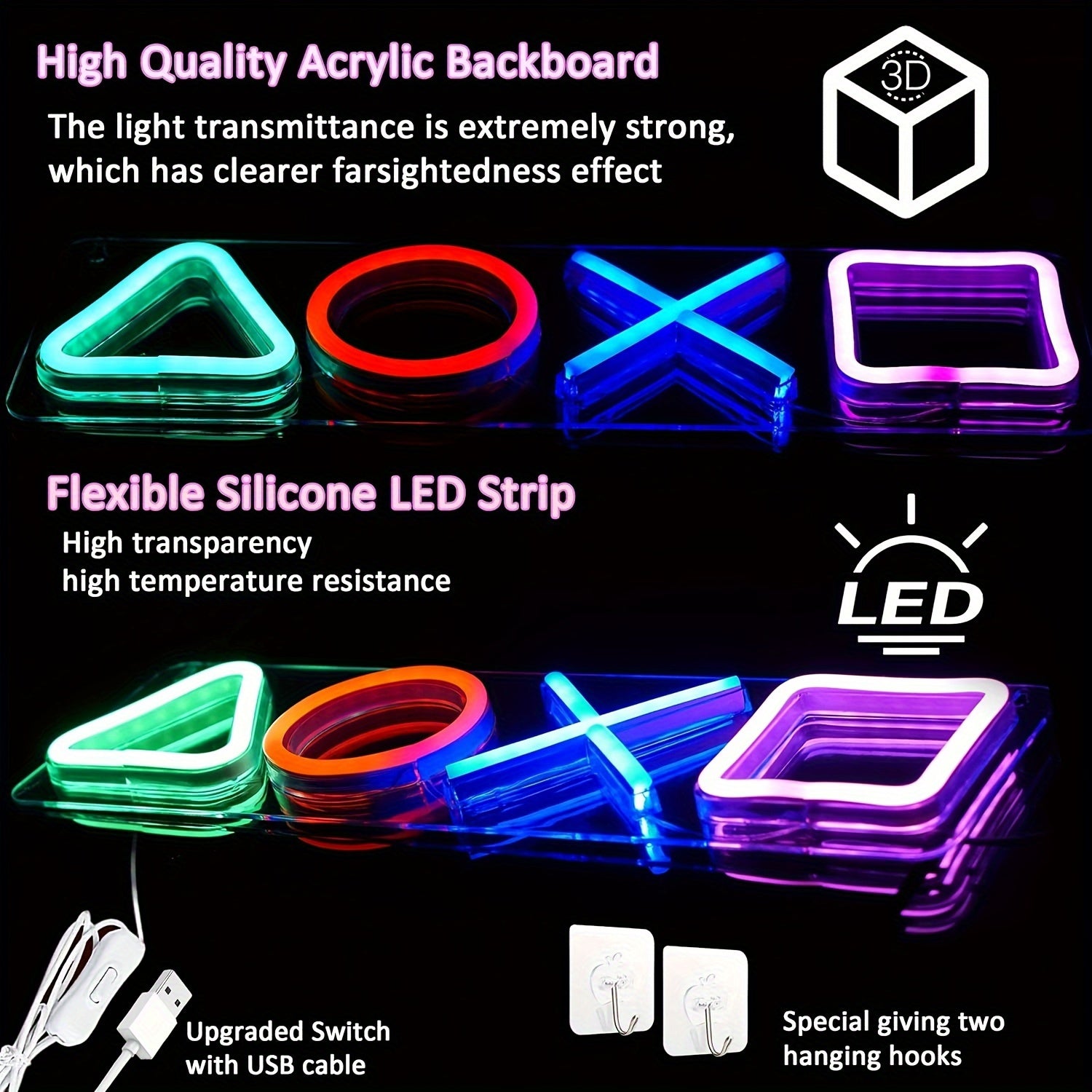 Gaming Neon Sign Set, USB Powered Plastic LED Neon Lights, Wall Hanging Non-Wireless Decorative Art for Bedroom, Game Room, Bar, PC Desk - Switch Controlled, Multipurpose Solid Color Neon Decor (1PC)