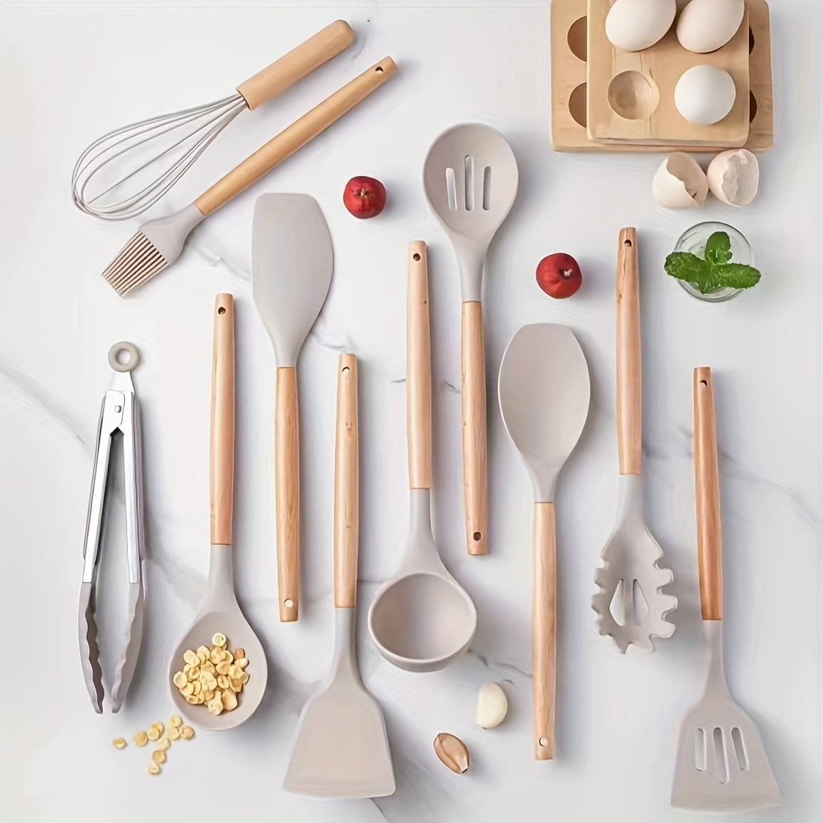 12pcs Silicone Kitchen Utensil Set with Wooden Handles - Non-Stick, Heat Resistant Cooking Tools in Khaki | Includes Spatulas, Ladles, Whisks & More | Durable & Easy to Clean