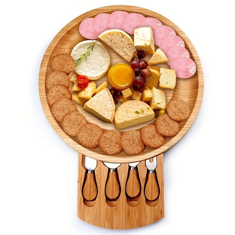 1 Set Bamboo Cheese Board with Knives - Wooden Cheese Platter and Serving Tray for Snacks, Fruits, and Charcuterie - Versatile Cutting Board for Kitchen, Outdoor, and Holiday Entertaining - Ideal for Christmas, Halloween, Eas
