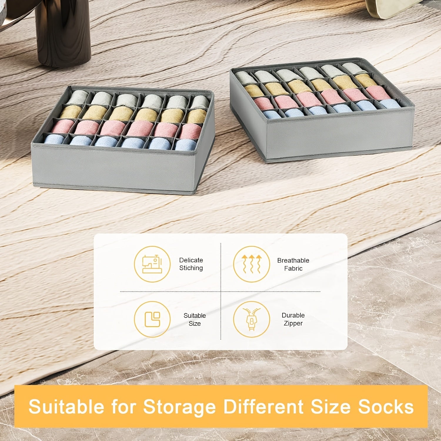 2 Pack 48-Compartment Fabric Socks & Underwear Organizers - Durable Zipper, Foldable Closet Storage Box for Socks, Underwear, Ties - Ideal for Bedroom & Home Decor, Closet Organization | Modern Organizer | Durable Zipper Clos
