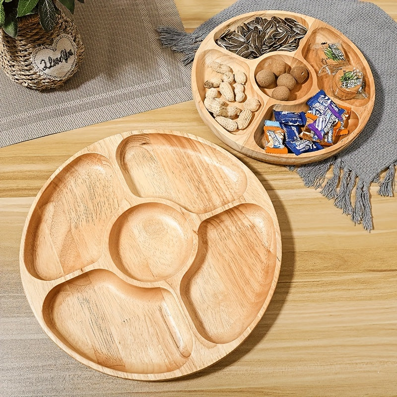 1pc Bamboo Plate, Divided Tray With Five Compartments, Dried Fruit Plate, Wooden Creative Home Tableware Platter, Nordic Style Wooden Tray, Candy Chocolate Snack Plate, For Home Party Restaurant, Table Decors