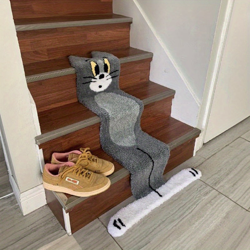 1pc, Imitation Cashmere Thickened Cartoon Cat Rug, Funny Cute Rug, Wear-resistant Dirty Resistant, Absorbent Non-slip Rug, Ins Bedside Rug, Bedroom Tea Table Entrance Floor Mat, Stair Mat, Home Decor
