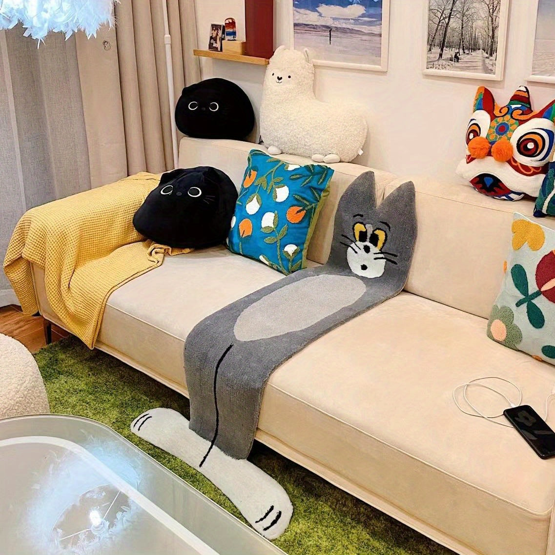 1pc, Imitation Cashmere Thickened Cartoon Cat Rug, Funny Cute Rug, Wear-resistant Dirty Resistant, Absorbent Non-slip Rug, Ins Bedside Rug, Bedroom Tea Table Entrance Floor Mat, Stair Mat, Home Decor