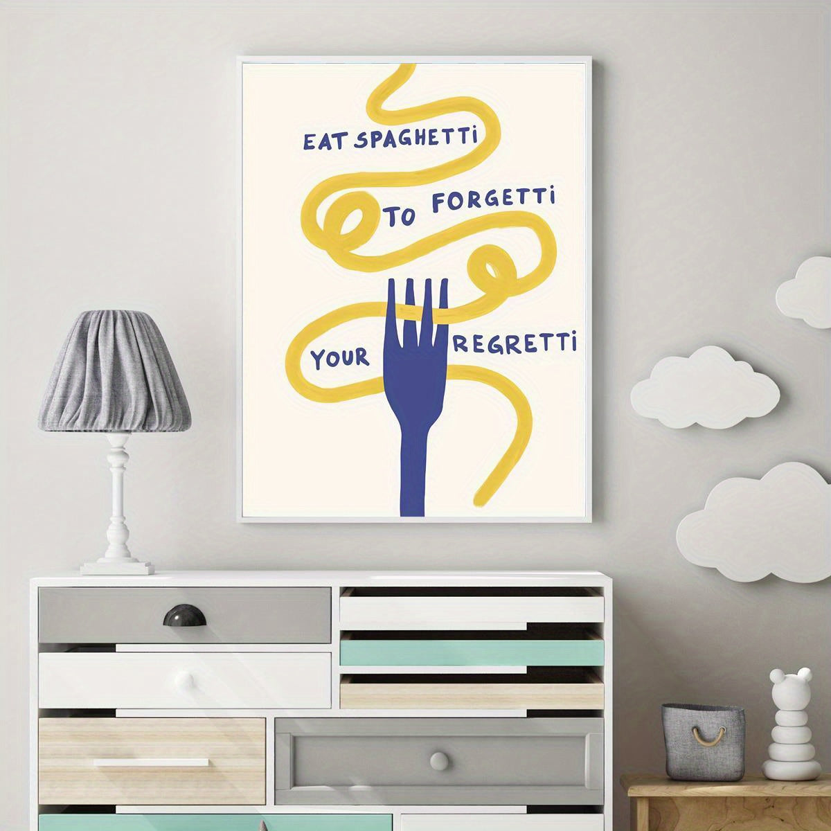 1PC Canvas Wall Art Print | "Eat Spaghetti To Forgetti Your Regretti" Quote | Art Deco Style Kitchen & Living Room Decor | Contemporary Minimalist Pasta Poster | Unframed Portrait Orientation | Ideal for Home & Restaurant Dis