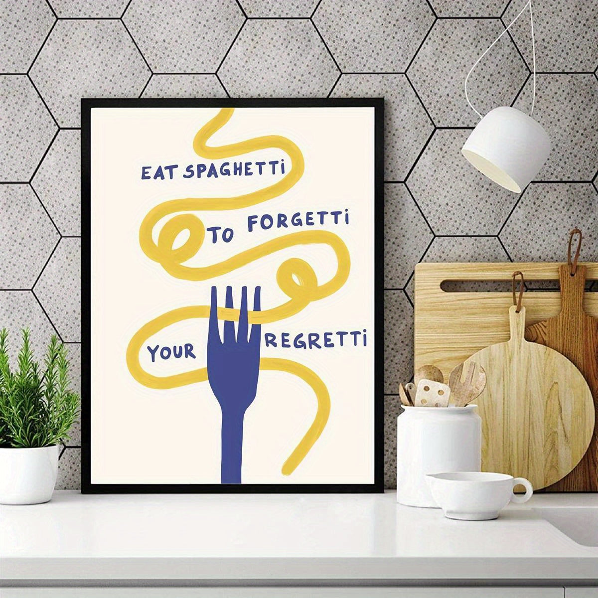 1PC Canvas Wall Art Print | "Eat Spaghetti To Forgetti Your Regretti" Quote | Art Deco Style Kitchen & Living Room Decor | Contemporary Minimalist Pasta Poster | Unframed Portrait Orientation | Ideal for Home & Restaurant Dis