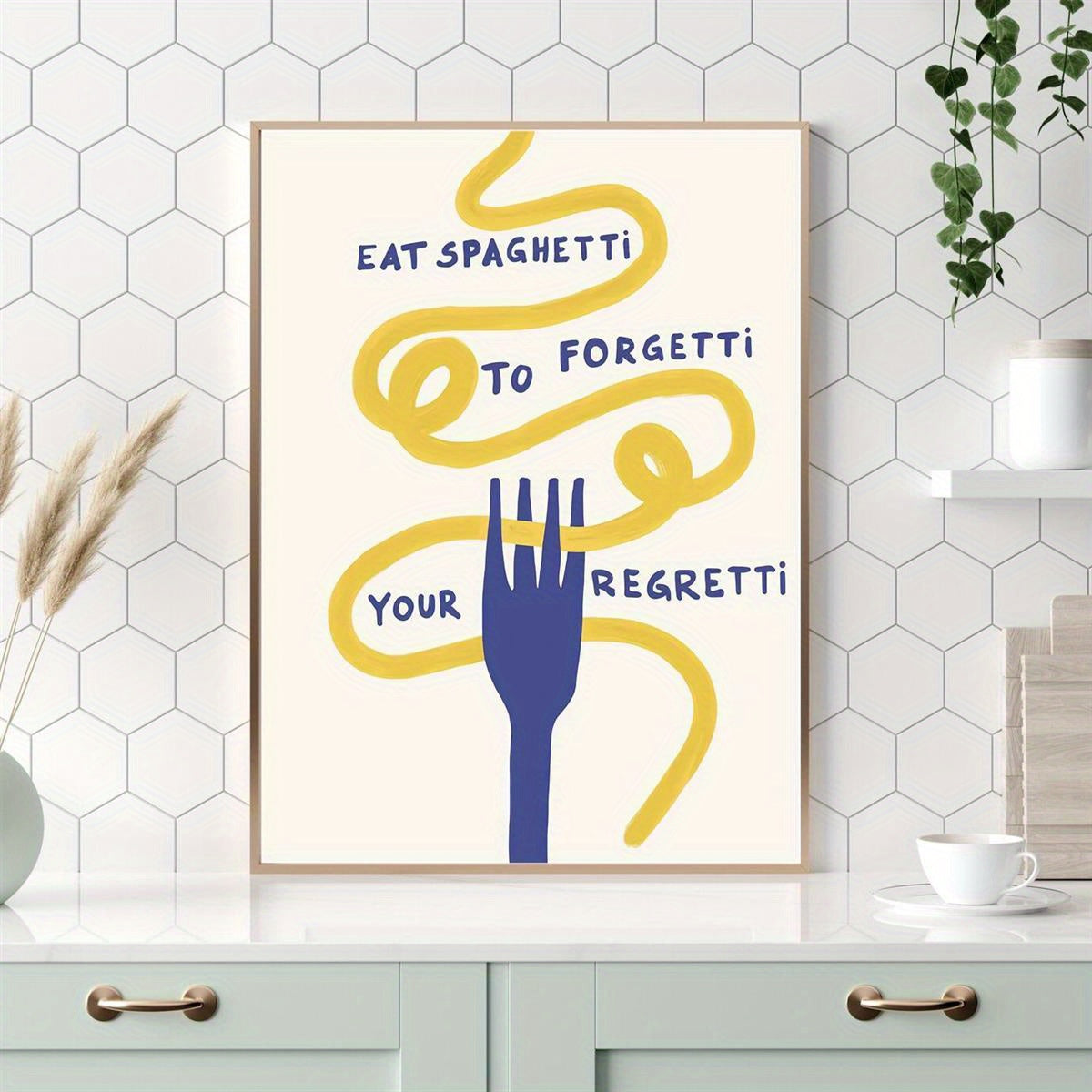 1PC Canvas Wall Art Print | "Eat Spaghetti To Forgetti Your Regretti" Quote | Art Deco Style Kitchen & Living Room Decor | Contemporary Minimalist Pasta Poster | Unframed Portrait Orientation | Ideal for Home & Restaurant Dis