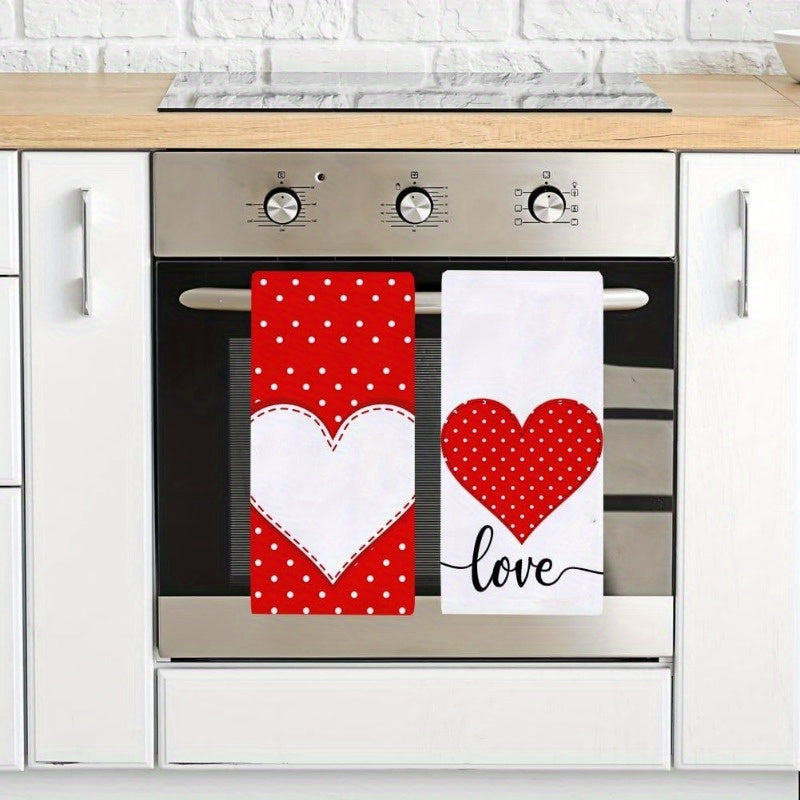 2pcs Dishcloths, Heart Polka Dot Kitchen Dish Towels, Seasonal Valentine's Day Anniversary Wedding Decorative Tea Towels, For Cooking Baking Kitchen Hand Towels, 45.72x66.04 Cm, Home Supplies
