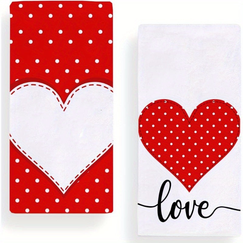 2pcs Dishcloths, Heart Polka Dot Kitchen Dish Towels, Seasonal Valentine's Day Anniversary Wedding Decorative Tea Towels, For Cooking Baking Kitchen Hand Towels, 45.72x66.04 Cm, Home Supplies