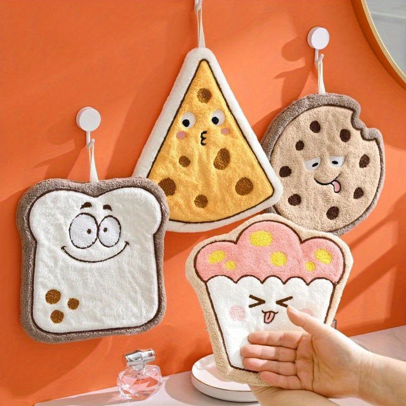 1pc Cartoon Food Shaped Hand Towel - Soft Coral Fleece, Quick-Dry Absorbent Towel for Bathroom, Kitchen - Cheese, Bread, Cookie Design Hanging Wipe Cloth - No Electricity Needed, Novelty Handkerchiefs