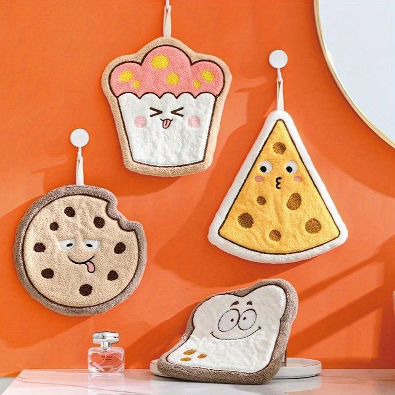 1pc Cartoon Food Shaped Hand Towel - Soft Coral Fleece, Quick-Dry Absorbent Towel for Bathroom, Kitchen - Cheese, Bread, Cookie Design Hanging Wipe Cloth - No Electricity Needed, Novelty Handkerchiefs