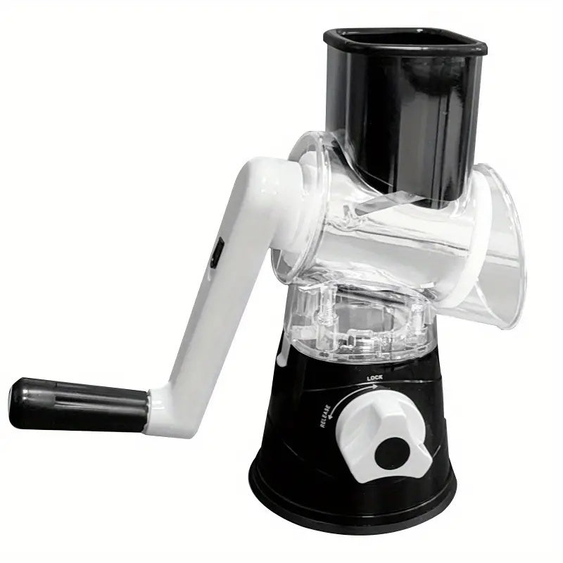 Manual Vegetable Slicer and Grater - Multifunctional Rotary Drum Cheese Grater with 3 Interchangeable Stainless Steel Blades, Plastic Kitchen Cutter for Fruits, Vegetables, Cheese - 1 Pc Set