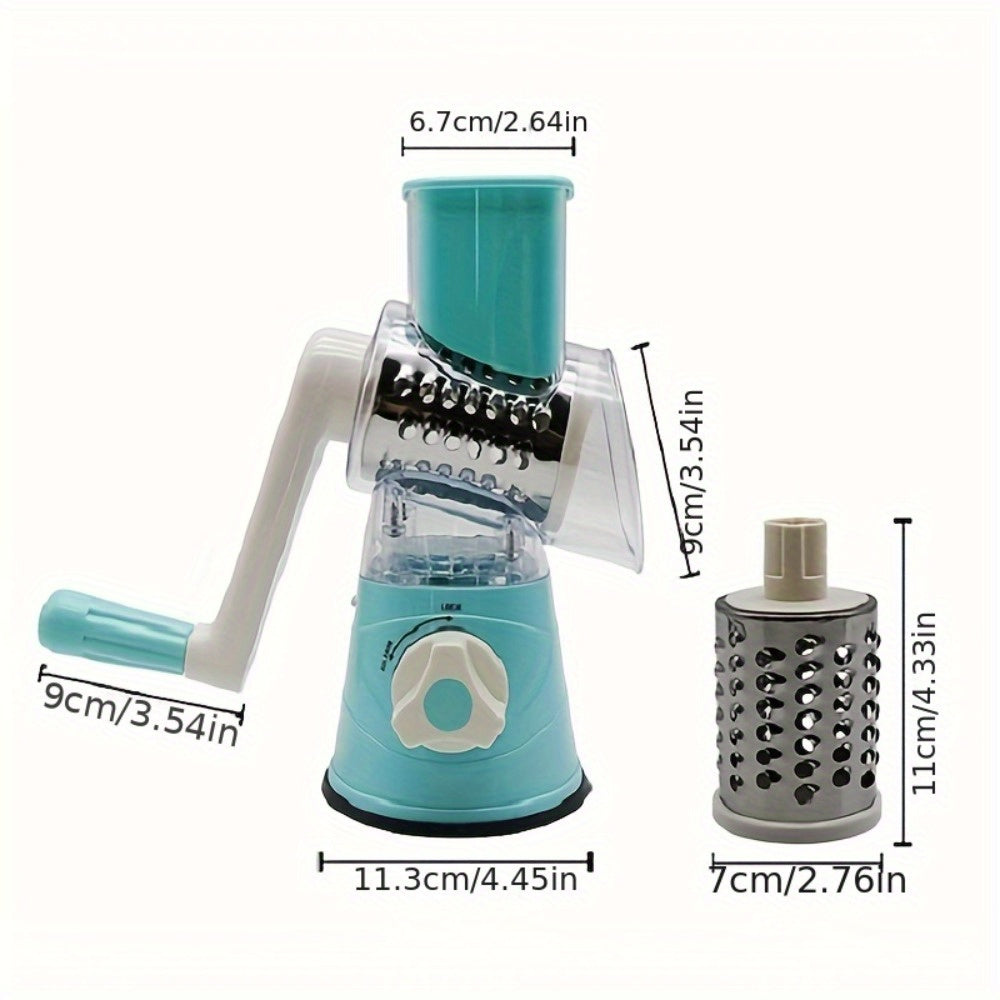 Manual Vegetable Slicer and Grater - Multifunctional Rotary Drum Cheese Grater with 3 Interchangeable Stainless Steel Blades, Plastic Kitchen Cutter for Fruits, Vegetables, Cheese - 1 Pc Set