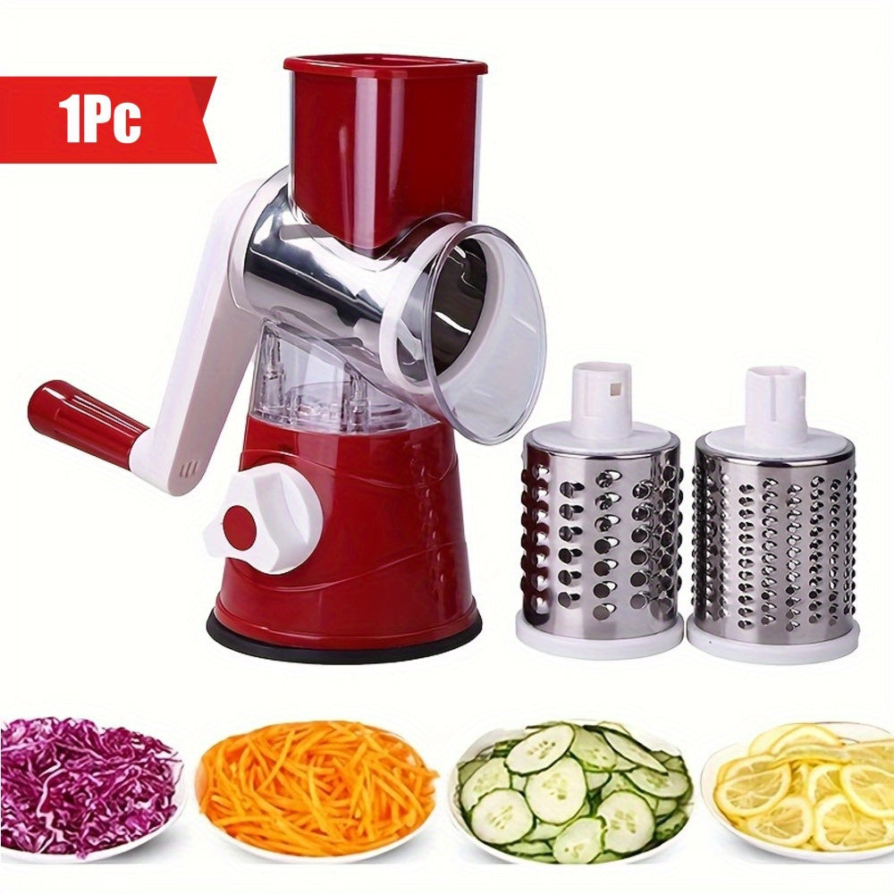 Manual Vegetable Slicer and Grater - Multifunctional Rotary Drum Cheese Grater with 3 Interchangeable Stainless Steel Blades, Plastic Kitchen Cutter for Fruits, Vegetables, Cheese - 1 Pc Set