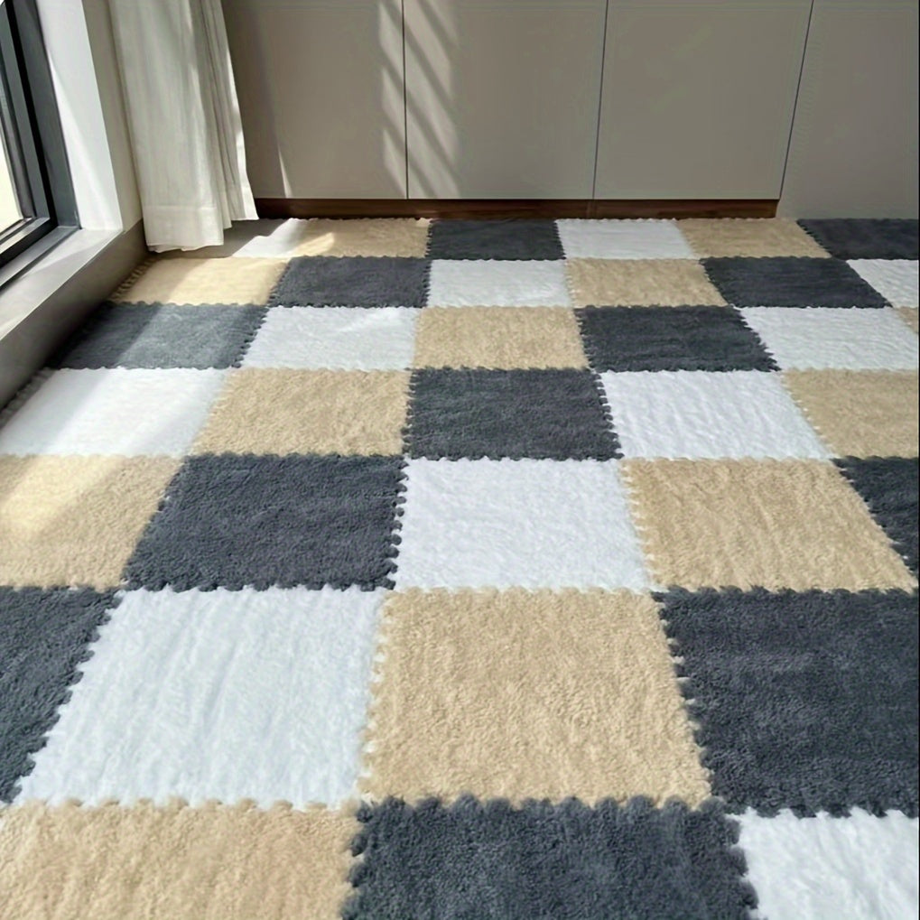 24pcs Thick Plush Splicing Carpet for Bedroom, Closet, Living Room, Window Sill, Pet Mat, Rent House, Home Use, Washable, Soft and Comfortable, Easy to Clean, Non-Slip, Suitable for Various Scenes Including Office and Dormito