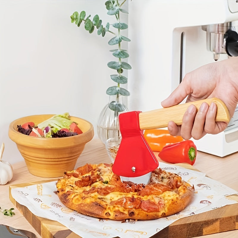 1pc, Axe Shaped Pizza Wheel Cutter, Stainless Steel Pizza Knife Withn Bamboo Handle, Kitchen Gadgets, 21cm