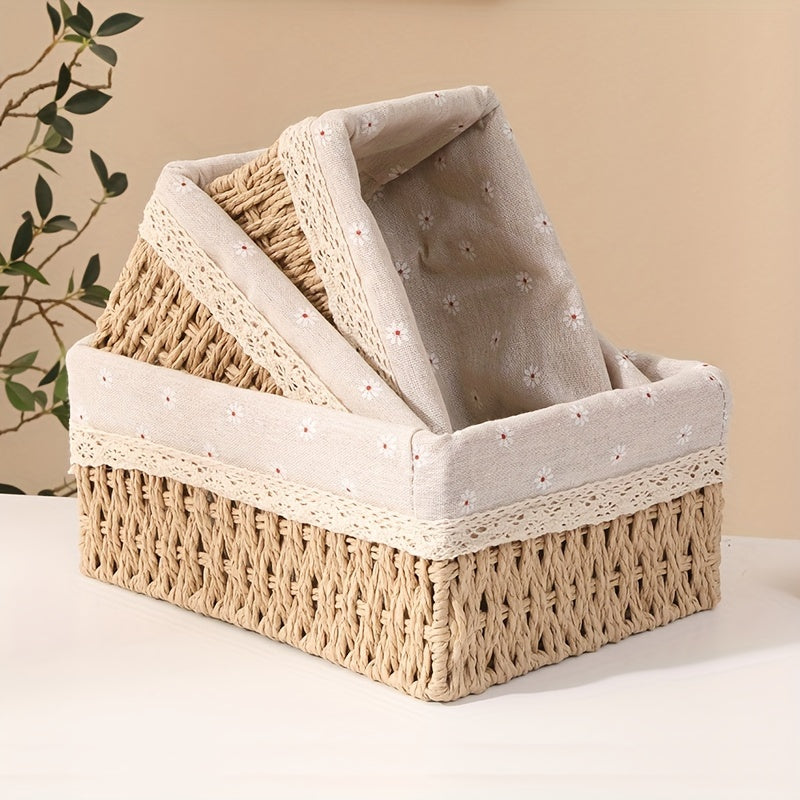 3-Piece Fabric Storage Basket Set for Personal Care Products, Handcrafted Woven All-in-One Organizers for Cosmetics, Rustic Sundries Holder for Home, Dorm, Bedroom, Office Decor