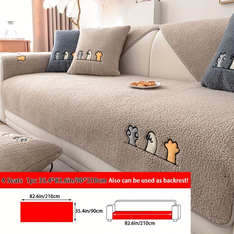 1pc Plush Thick Shearling Sofa Cover with Cute Animal & Bone Embroidery - Pet-Friendly, Non-Slip Couch Protector for All Sofa Sizes from Single to Four-Seater - Soft, Warm Decor for Living Room, Bedroom, Office, Sofa Covers f