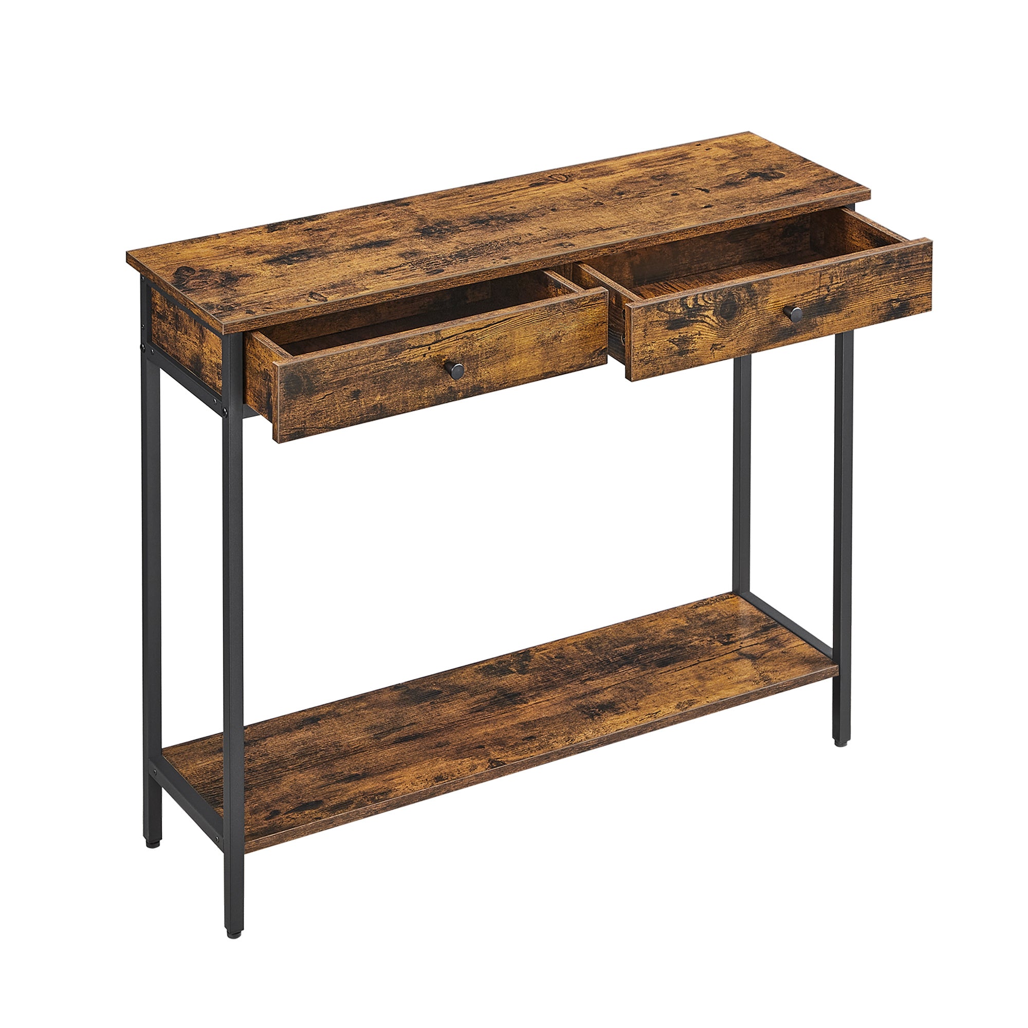 VASAGLE Console Table, Hallway Table, with 2 Drawers, Metal Frame, for Hallway, Bedroom, Living Room, Industrial Style, Vintage Brown and Ink Black