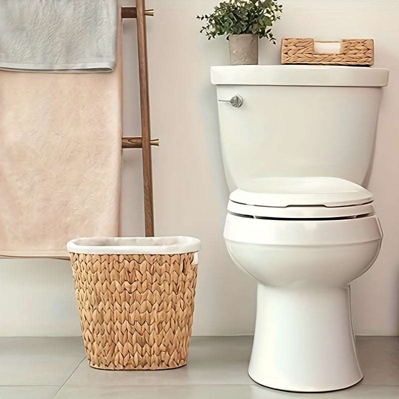 1pc 12L Wicker Waste Basket, Wicker Woven Trash Can With Built-in Handles, Handwoven Water Hyacinth Paper Basket, Wicker Garbage Can For Bedroom Bathroom, Home Organization And Storage Supplies, Cleaning Supplies, Home Decor,