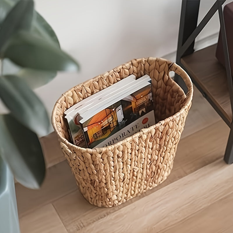 1pc 12L Wicker Waste Basket, Wicker Woven Trash Can With Built-in Handles, Handwoven Water Hyacinth Paper Basket, Wicker Garbage Can For Bedroom Bathroom, Home Organization And Storage Supplies, Cleaning Supplies, Home Decor,