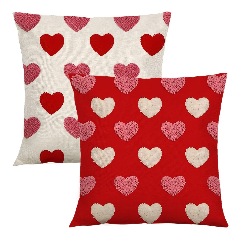 2pcs Valentine's Day Linen Pillow Covers, Reversible Love Heart Pattern, Zipper Closure, Machine Washable, Contemporary Style for Sofa & Bedroom Decor, 15.7x15.7 & 44.96x44.96 cm - No Insert, Pillows for Couch