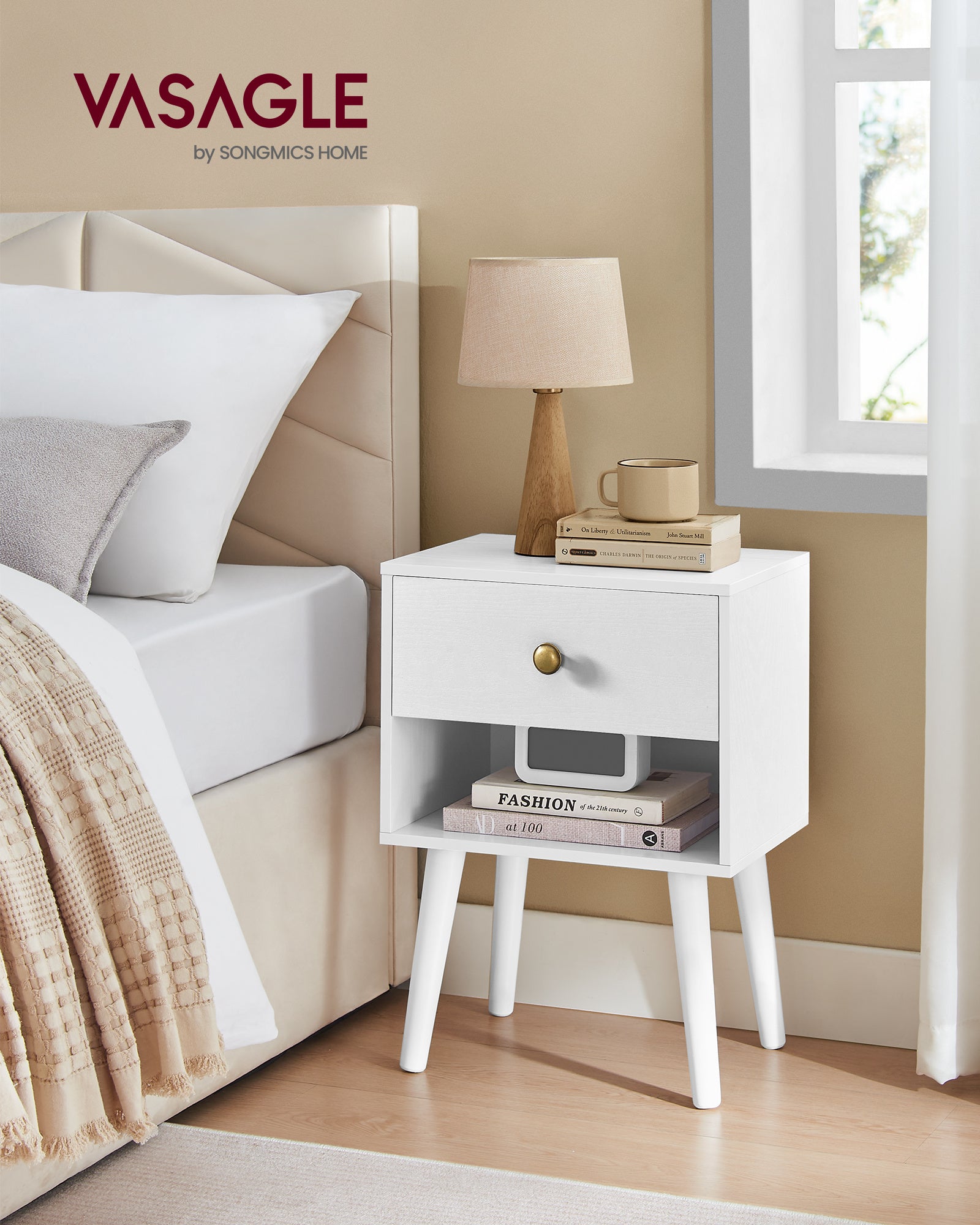 VASAGLE Bedside Table, Coffee Table with Drawer and Open Storage Compartment, Wooden Legs, Coffee Table for Living Room, Bedroom, Sofa