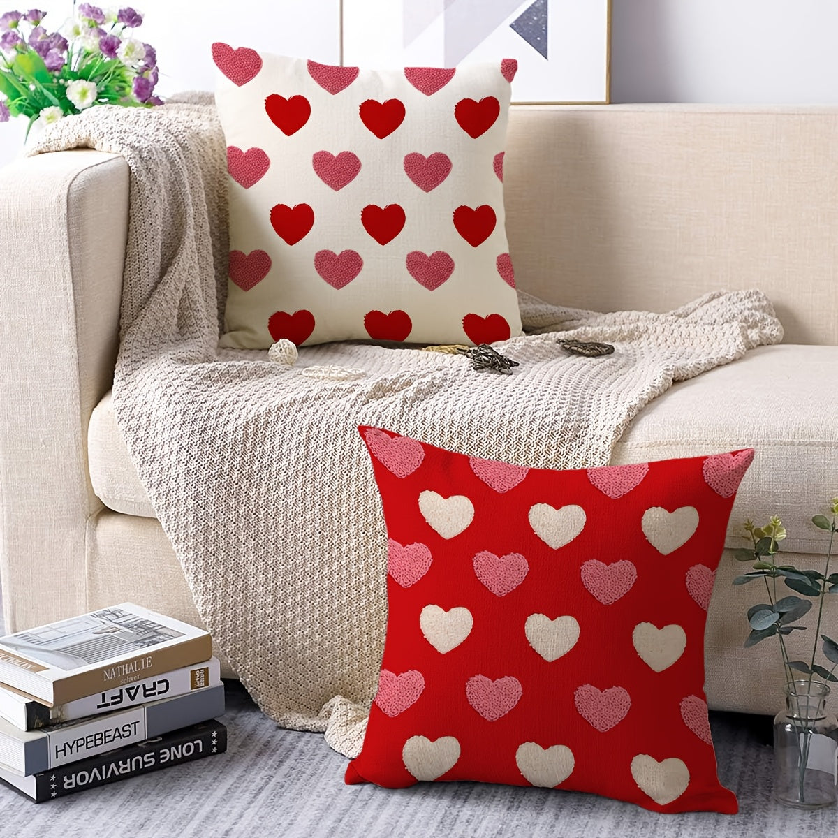 2pcs Valentine's Day Linen Pillow Covers, Reversible Love Heart Pattern, Zipper Closure, Machine Washable, Contemporary Style for Sofa & Bedroom Decor, 15.7x15.7 & 44.96x44.96 cm - No Insert, Pillows for Couch