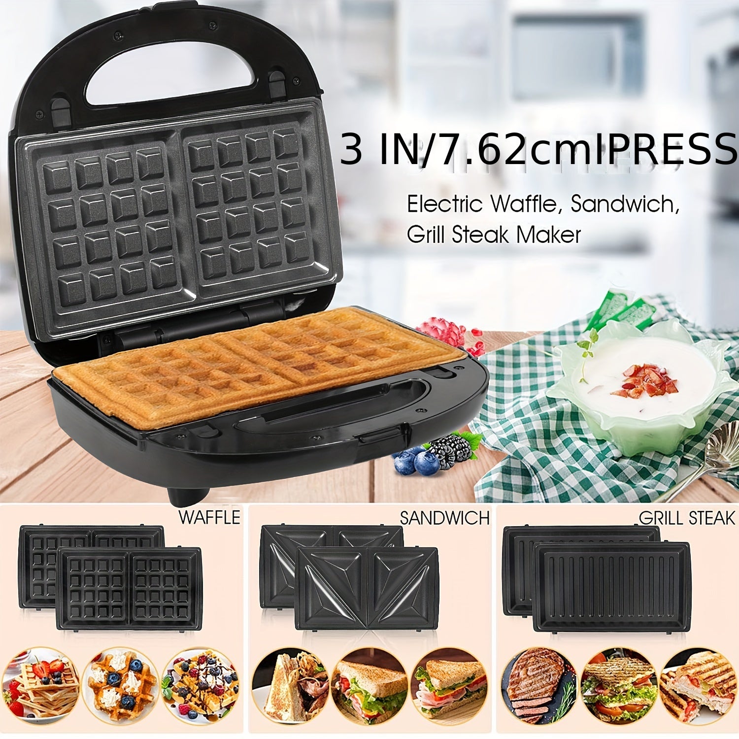 Sandwich Maker 3 in 1, Waffles, Panini Toaster, 3 Removable Grill Plates, Table Grill for Toast, Waffles, Meat, Black, 750W