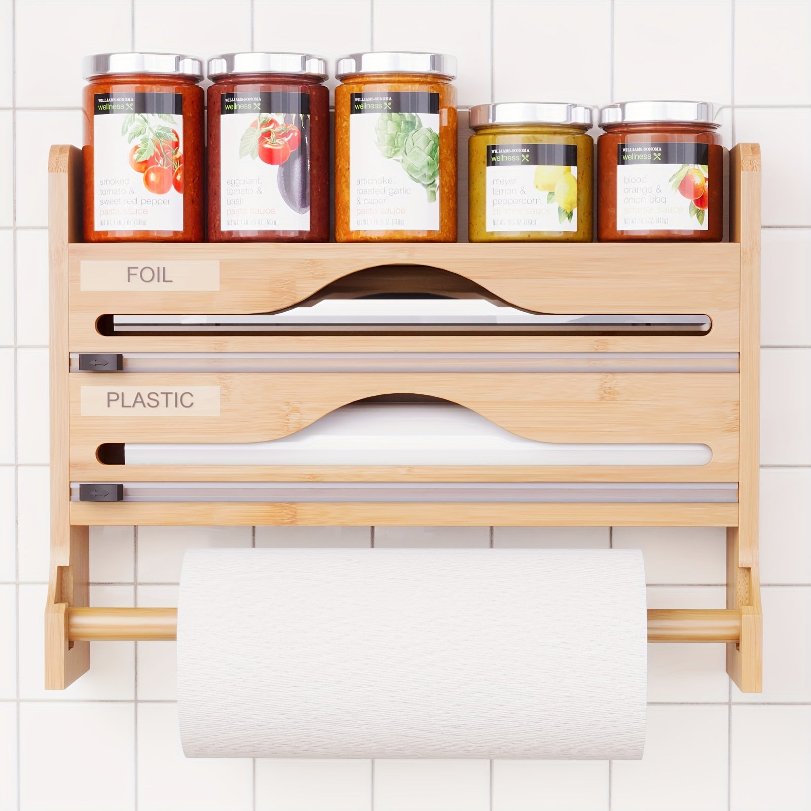 1-Pack Wall-Mounted Plastic Wrap Cutter with Paper Towel Holder, Bamboo, Kitchen Paper Storage Rack, Tin Foil, Two-Grid Cutter, Storage Bins for Home Organization, Baskets, Bins & Containers for Home Organization