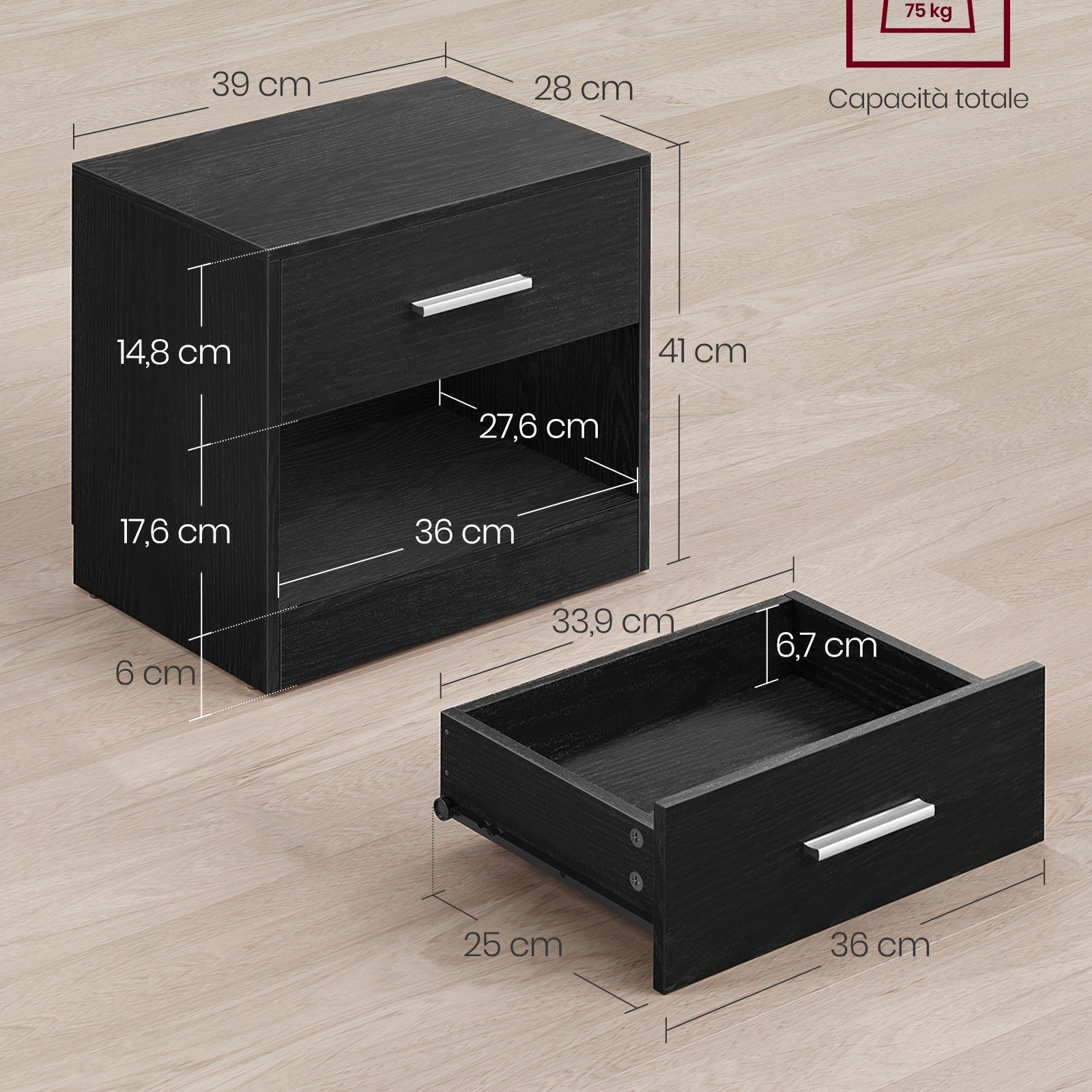 VASAGLE Bedside Table, Coffee Table with Drawer, Handle, Open Compartment, for Bedroom, Living Room