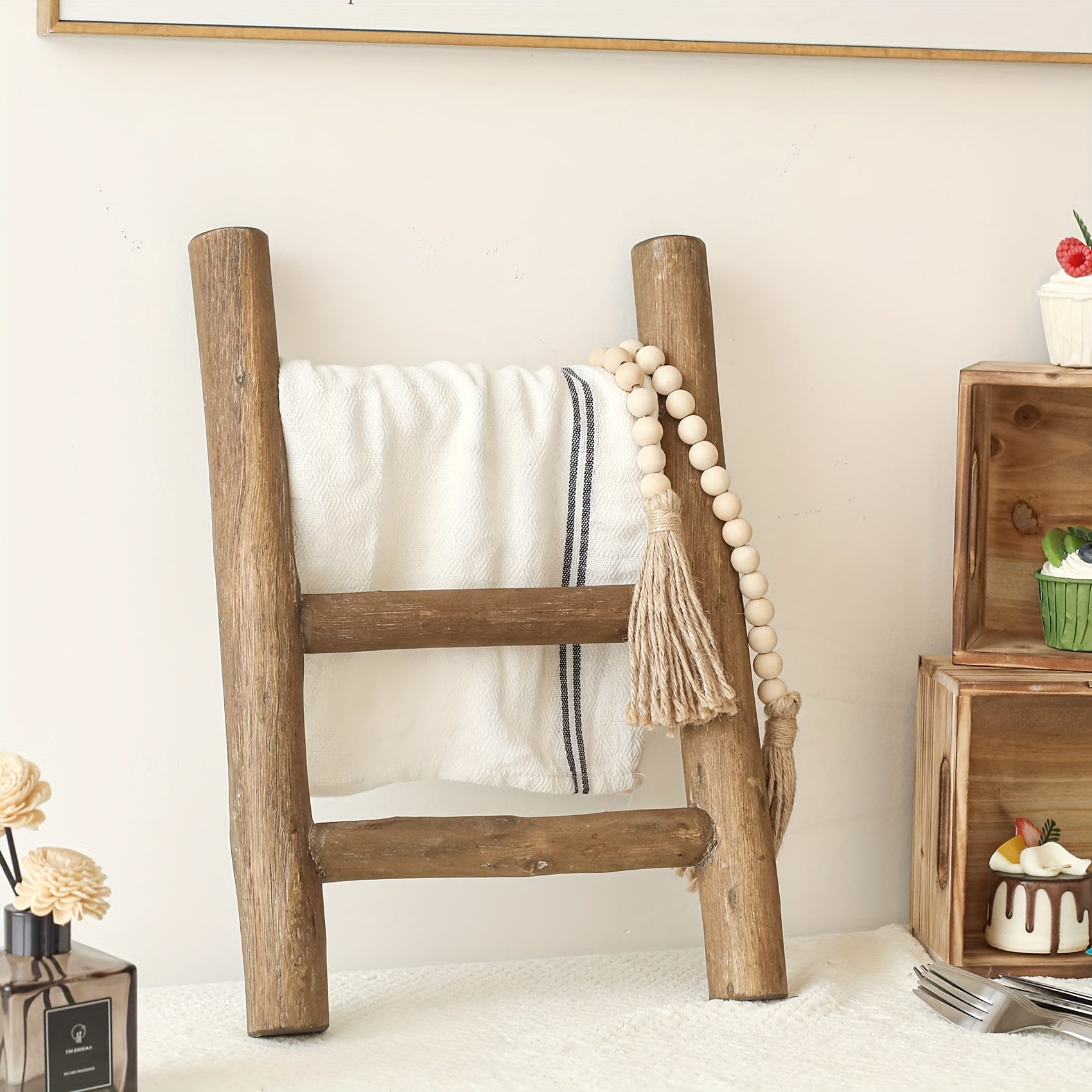 Rustic Farmhouse Mini Wooden Ladder - Versatile Tea Towel Holder & Display Rack for Kitchen and Bathroom Decor, Brown, Towel Racks