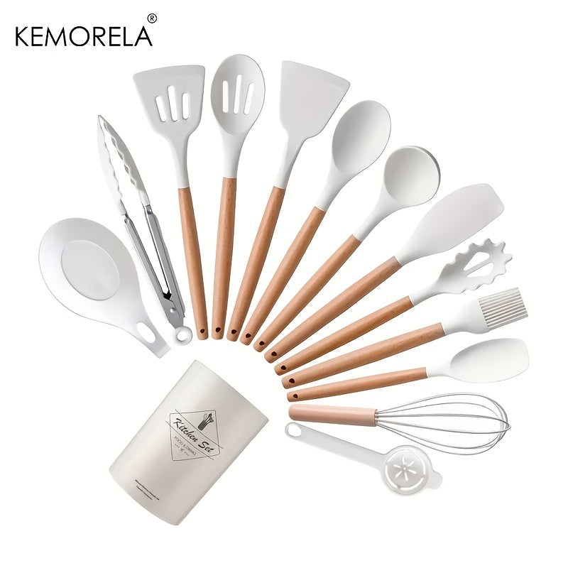 14pcs Silicone Utensil Set - Non-Stick Cooking Utensils With Wooden Handle & Storage Bucket - Apartment & College Dorm Essential Kitchen Supplies