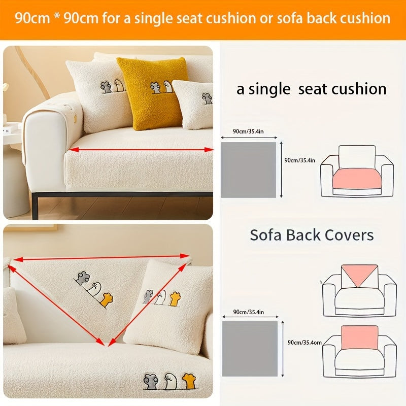 1pc Plush Thick Shearling Sofa Cover with Cute Animal & Bone Embroidery - Pet-Friendly, Non-Slip Couch Protector for All Sofa Sizes from Single to Four-Seater - Soft, Warm Decor for Living Room, Bedroom, Office, Sofa Covers f