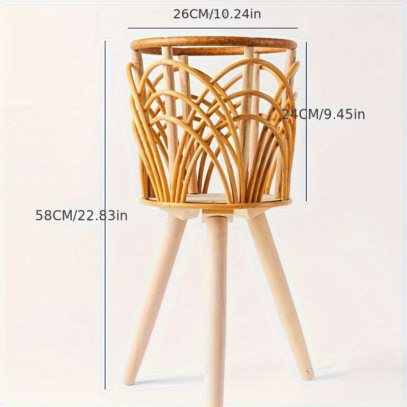 Versatile Woven Rattan-Style Flower Stand - Triangle Floor Planter for Living Room & Balcony, Indoor Bamboo Basket for Plants