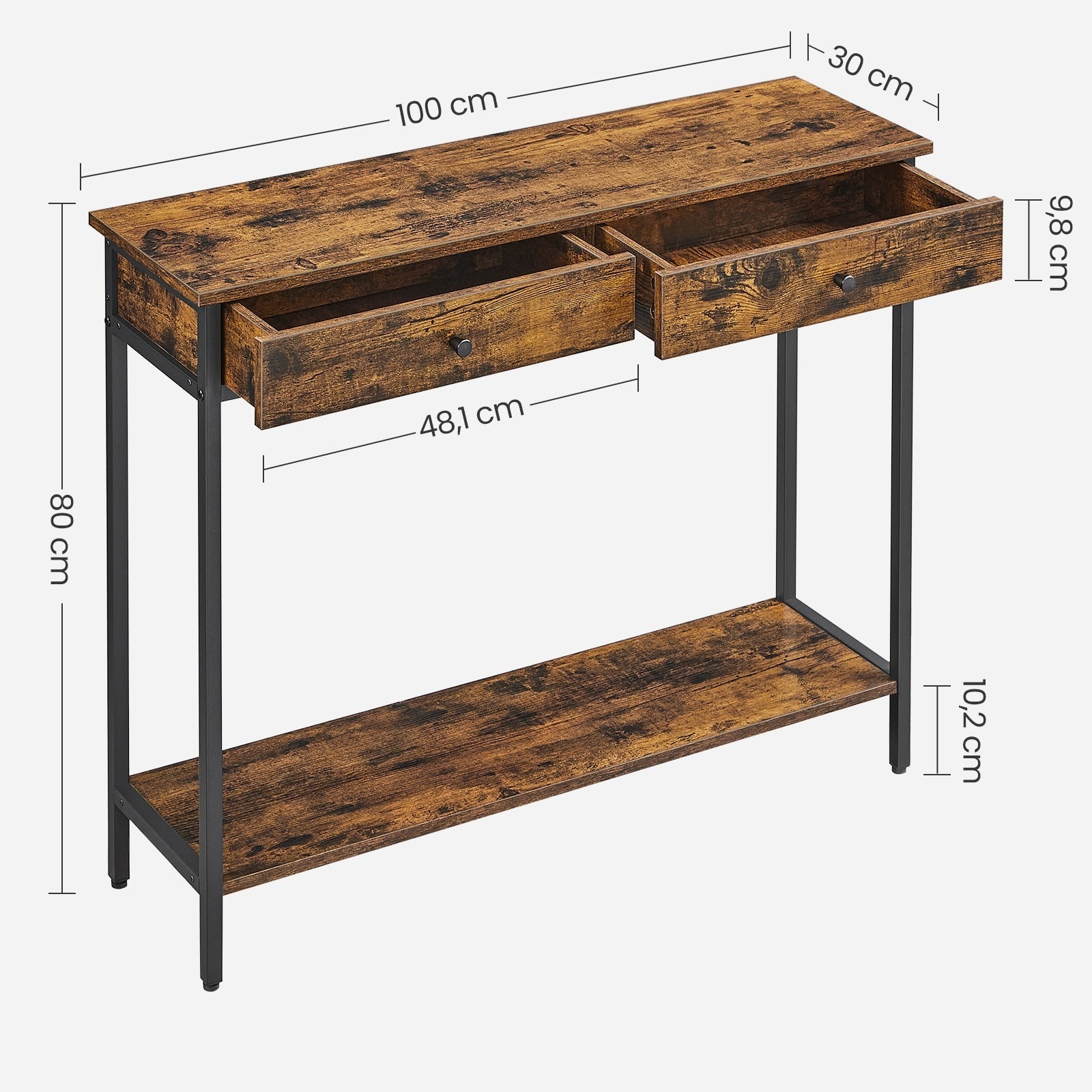 VASAGLE Console Table, Hallway Table, with 2 Drawers, Metal Frame, for Hallway, Bedroom, Living Room, Industrial Style, Vintage Brown and Ink Black