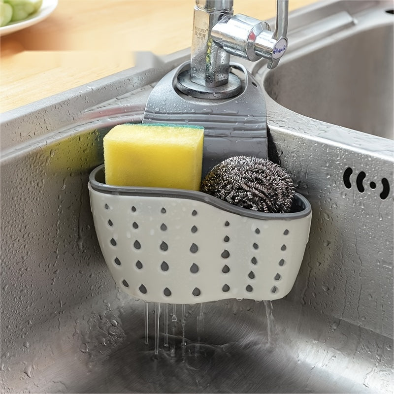 1pc Adjustable Sink Sponge Holder - Space-Saving Kitchen Organizer with Drain Basket, Beige & Gray, Perfect for Sponges, Brushes, and Small Items, Easy Faucet Installation