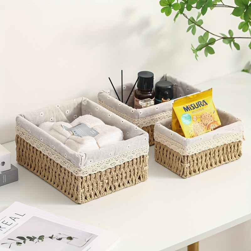 3-Piece Fabric Storage Basket Set for Personal Care Products, Handcrafted Woven All-in-One Organizers for Cosmetics, Rustic Sundries Holder for Home, Dorm, Bedroom, Office Decor