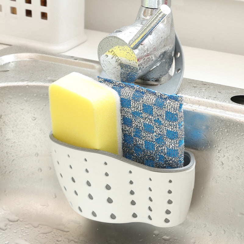 1pc Adjustable Sink Sponge Holder - Space-Saving Kitchen Organizer with Drain Basket, Beige & Gray, Perfect for Sponges, Brushes, and Small Items, Easy Faucet Installation
