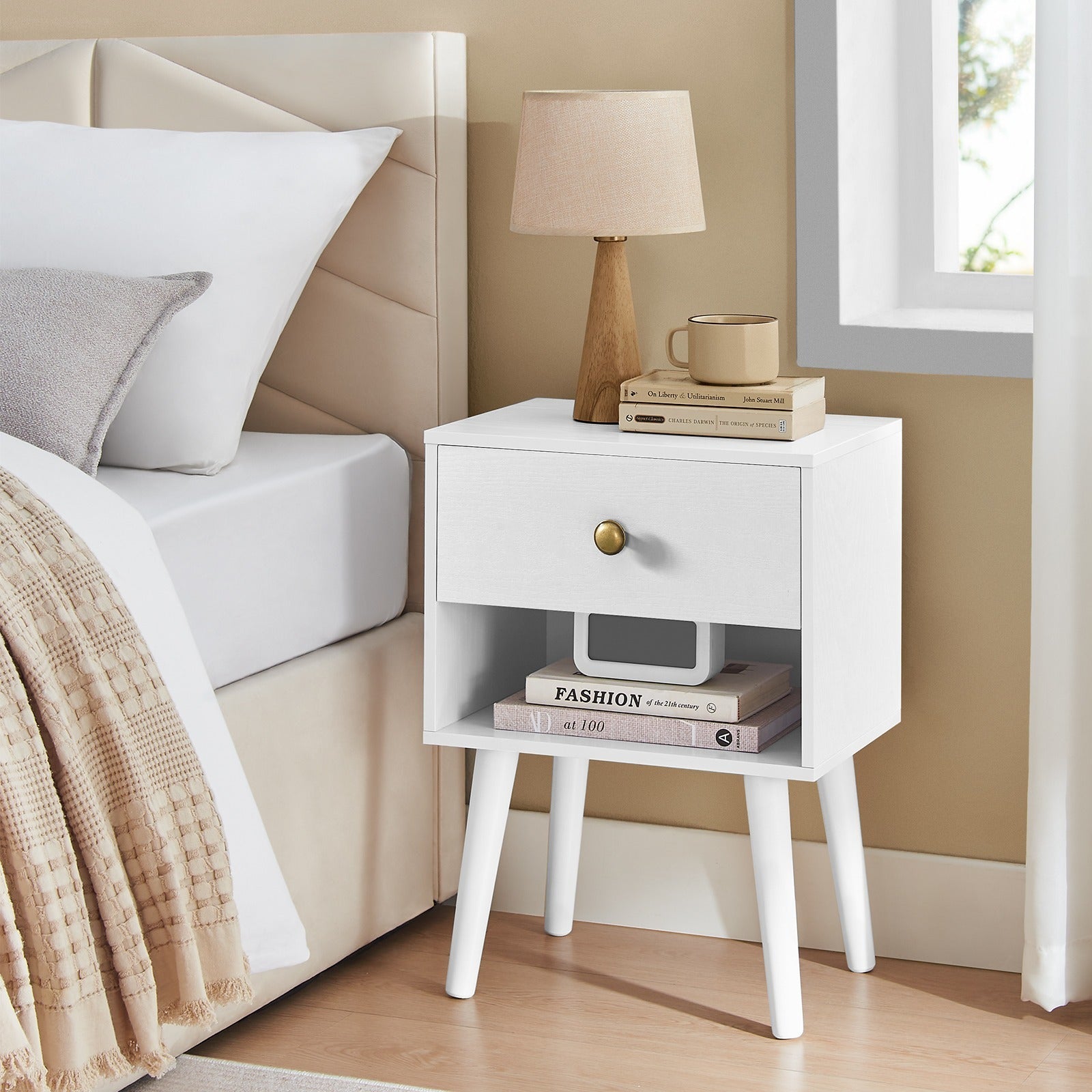 VASAGLE Bedside Table, Coffee Table with Drawer and Open Storage Compartment, Wooden Legs, Coffee Table for Living Room, Bedroom, Sofa