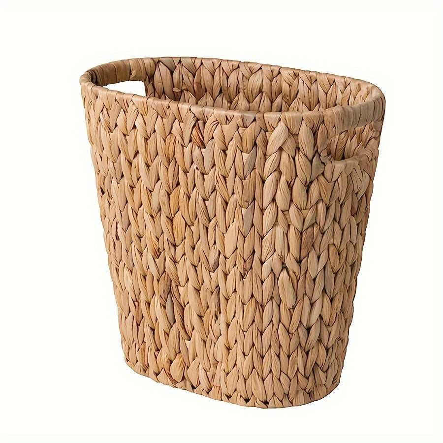 1pc 12L Wicker Waste Basket, Wicker Woven Trash Can With Built-in Handles, Handwoven Water Hyacinth Paper Basket, Wicker Garbage Can For Bedroom Bathroom, Home Organization And Storage Supplies, Cleaning Supplies, Home Decor,
