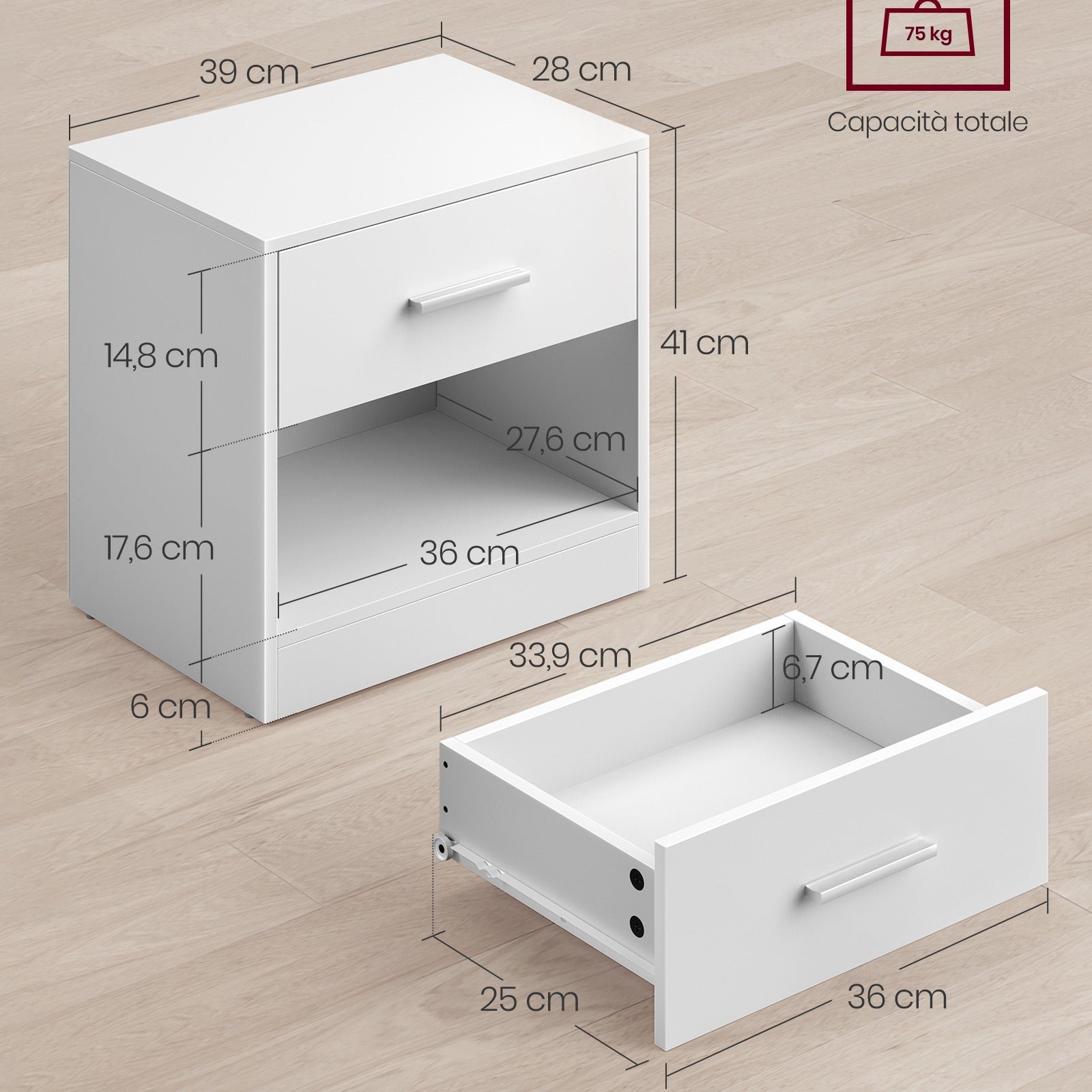 VASAGLE Bedside Table, Coffee Table with Drawer, Handle, Open Compartment, for Bedroom, Living Room