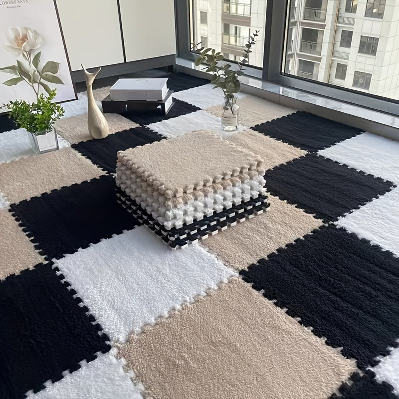 24pcs Thick Plush Splicing Carpet for Bedroom, Closet, Living Room, Window Sill, Pet Mat, Rent House, Home Use, Washable, Soft and Comfortable, Easy to Clean, Non-Slip, Suitable for Various Scenes Including Office and Dormito