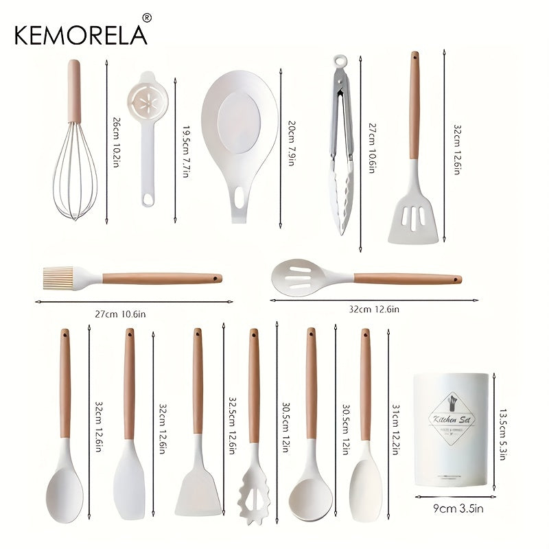 14pcs Silicone Utensil Set - Non-Stick Cooking Utensils With Wooden Handle & Storage Bucket - Apartment & College Dorm Essential Kitchen Supplies