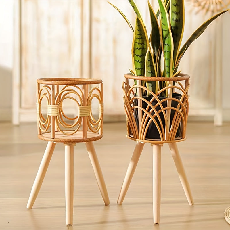 Versatile Woven Rattan-Style Flower Stand - Triangle Floor Planter for Living Room & Balcony, Indoor Bamboo Basket for Plants
