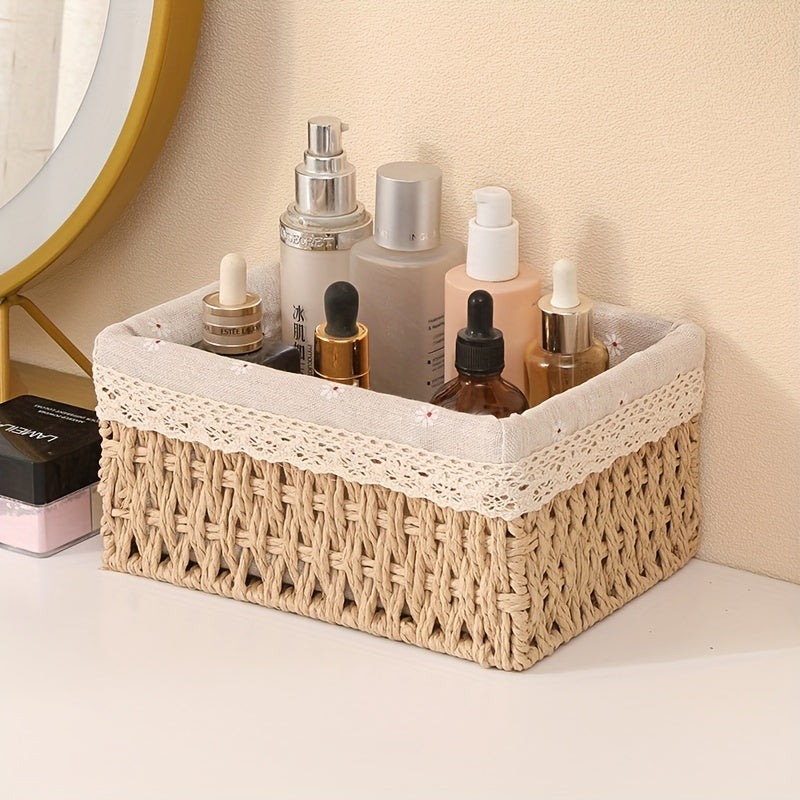 3-Piece Fabric Storage Basket Set for Personal Care Products, Handcrafted Woven All-in-One Organizers for Cosmetics, Rustic Sundries Holder for Home, Dorm, Bedroom, Office Decor
