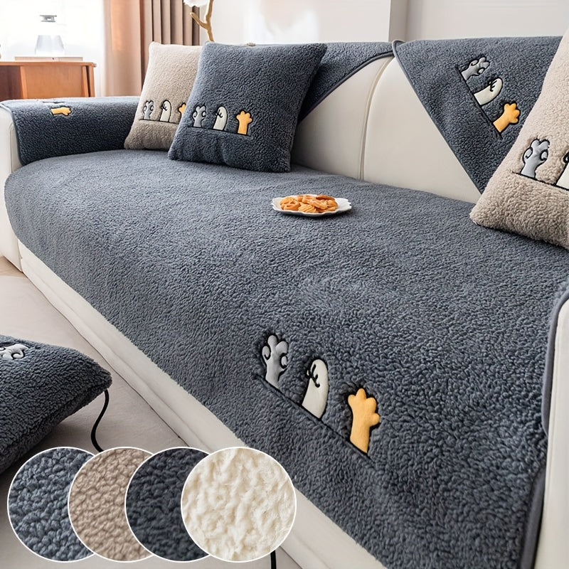 1pc Plush Thick Shearling Sofa Cover with Cute Animal & Bone Embroidery - Pet-Friendly, Non-Slip Couch Protector for All Sofa Sizes from Single to Four-Seater - Soft, Warm Decor for Living Room, Bedroom, Office, Sofa Covers f