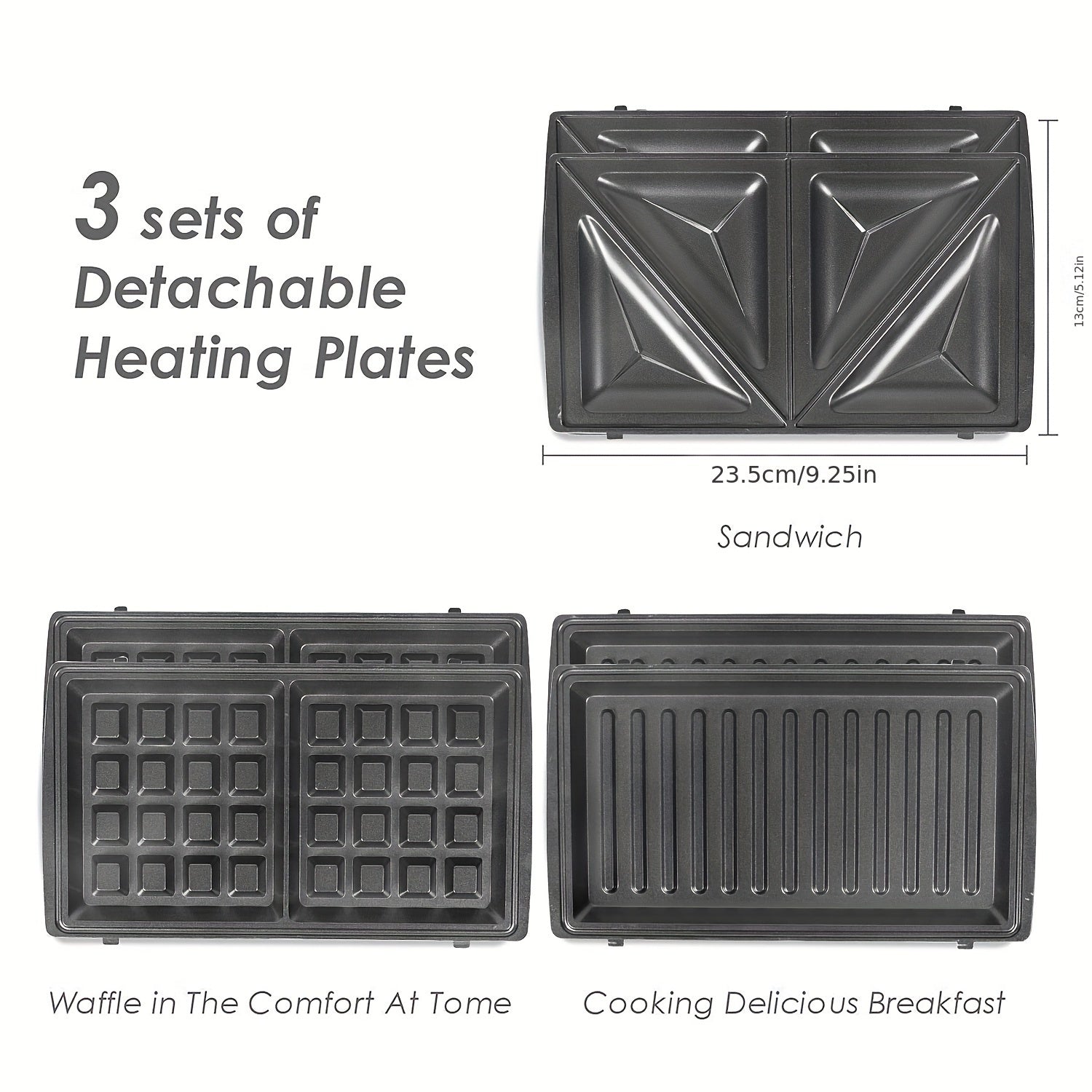 Sandwich Maker 3 in 1, Waffles, Panini Toaster, 3 Removable Grill Plates, Table Grill for Toast, Waffles, Meat, Black, 750W